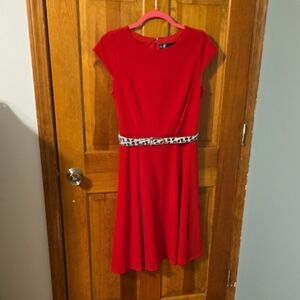 Leslie Fay Red Midi Dress with Animal Print Accent